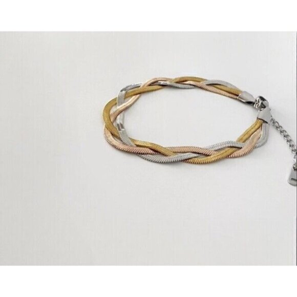 18K Gold Plated braid woven Herringbone bracelet stainless steel womens jewelry - Picture 3 of 9